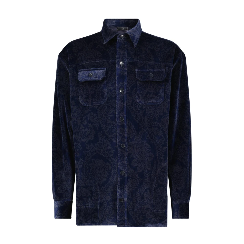 ETRO Fluwelen Vrijetijdsoverhemd met Paisley Patroon Blue Heren