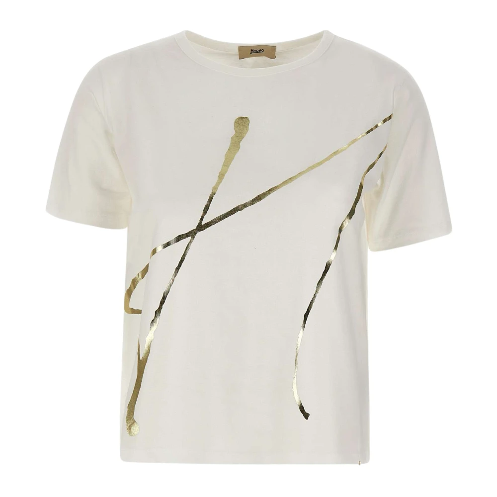Herno Witte Katoenen T-shirt met Gouden Print White Dames