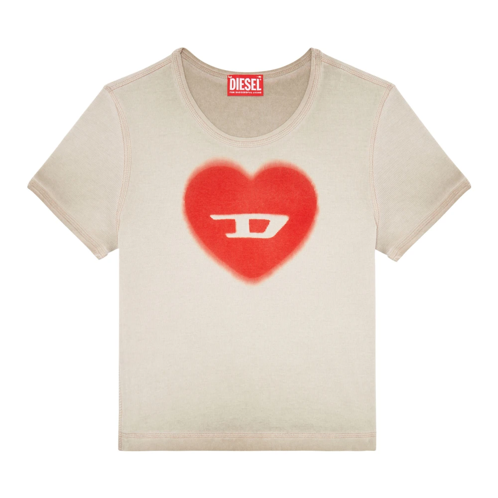 Diesel Vrouw Beige Tops Dames, Xs, Katoen, Geribbelde T-Shirt Met Watercolour Hart D