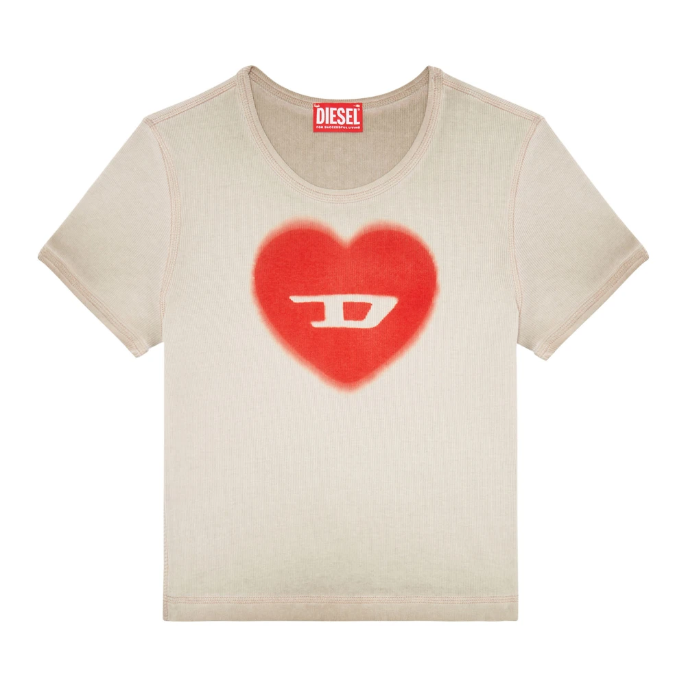 Diesel Ribbed T-shirt with watercolour heart D Beige Dames