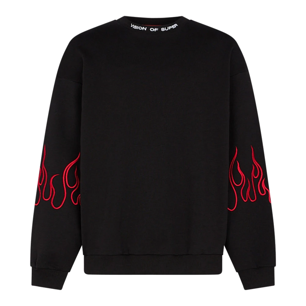 Vision OF Super Vlammen Geborduurde Crewneck Sweatshirt Zwart Rood Black Heren