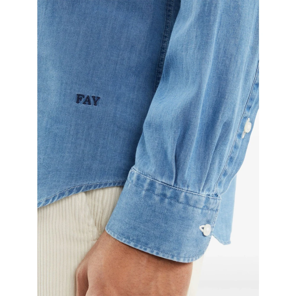 Fay Blauw Chambray Geborduurd Logo Overhemd Blue Heren