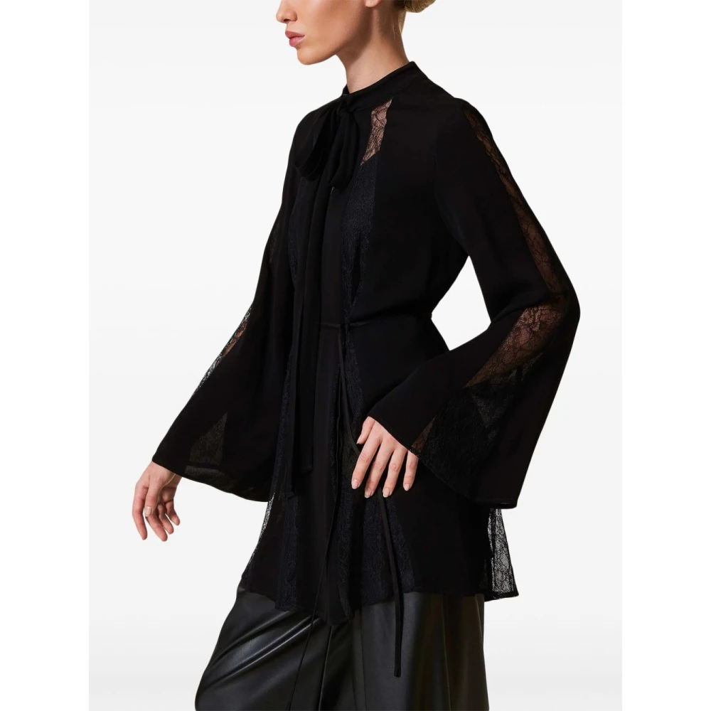 Twinset Zwarte Strik Kraag Jurk Wijd Uitlopende Manchetten Black Dames