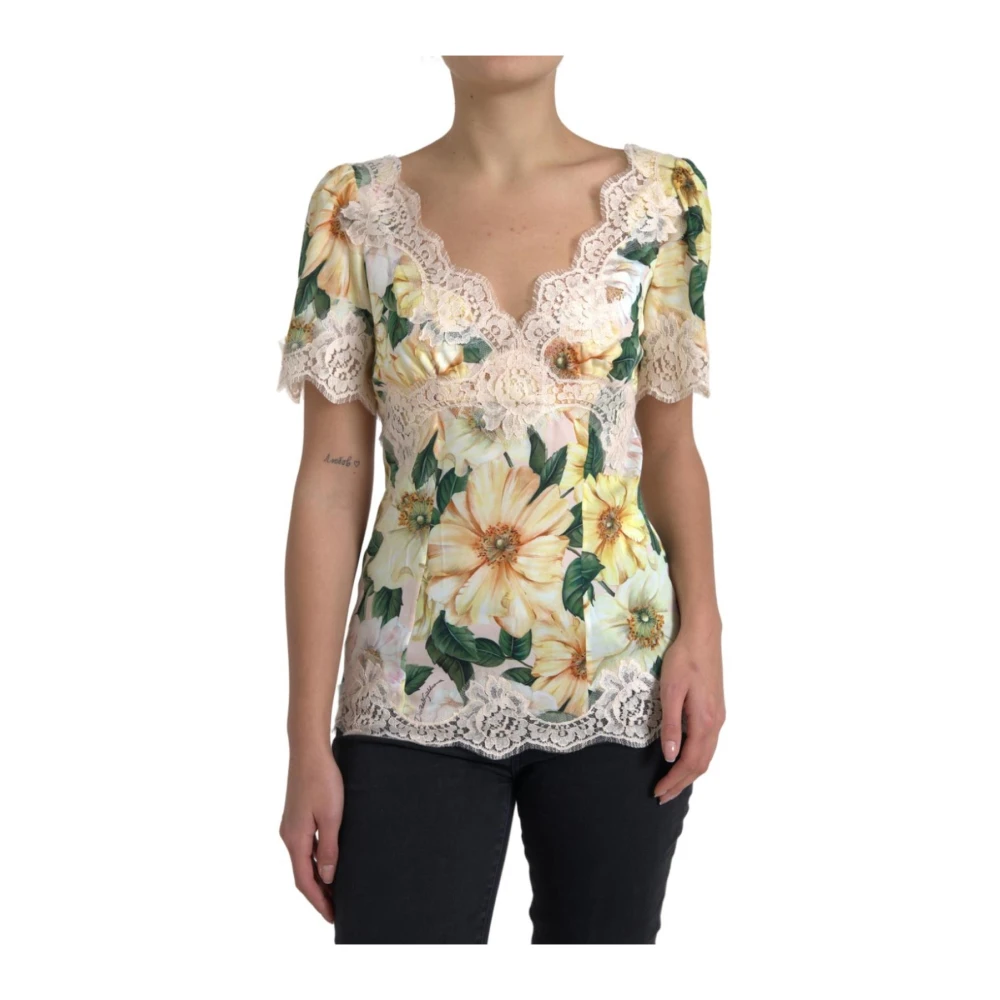 Dolce & Gabbana Women's Multicolor Blouses, 2XS, Floral Lace Trim V Neck Blouse
