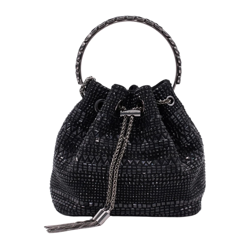 Alma en Pena Cirkelvormige Metalen Ketting Leren Clutch Black Dames