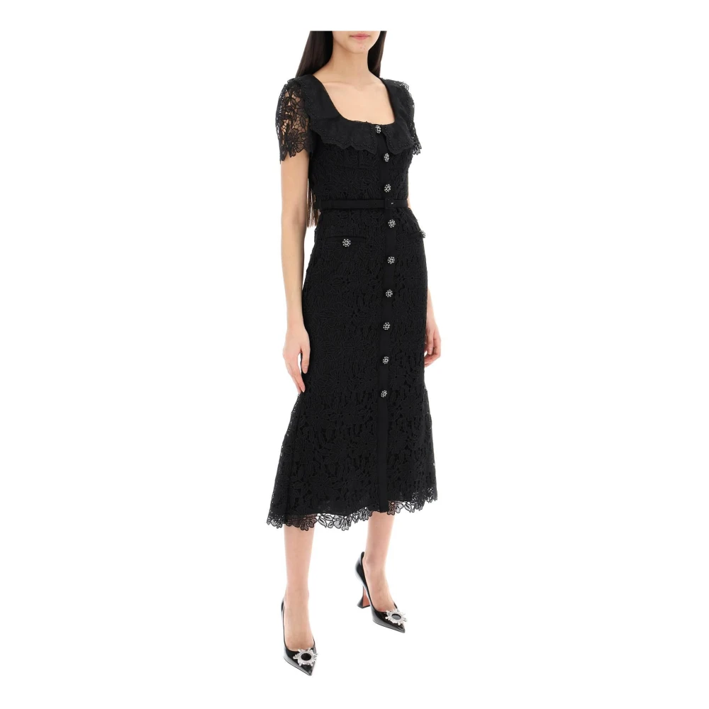 Self Portrait Midi Jurk van Guipure Kant met Siersteen Black Dames