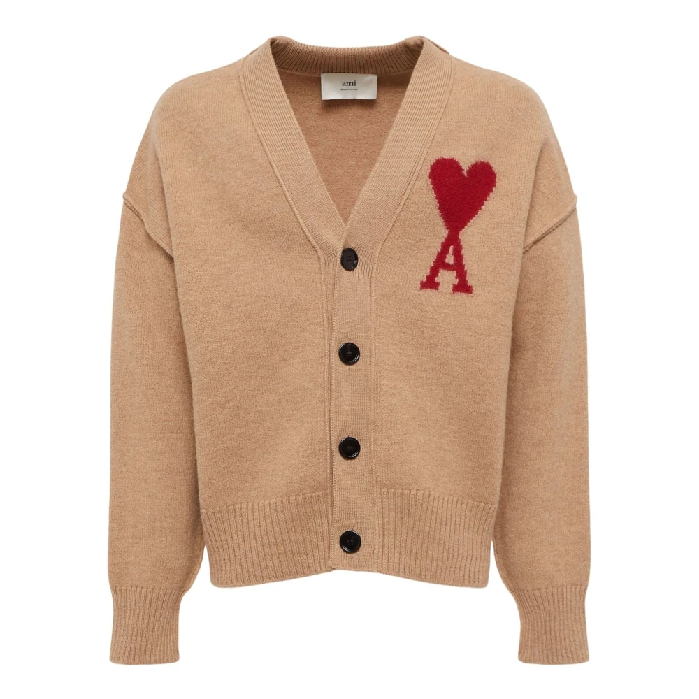 Ami Paris Kameel Cardigan met Ami de Coeur Beige Heren