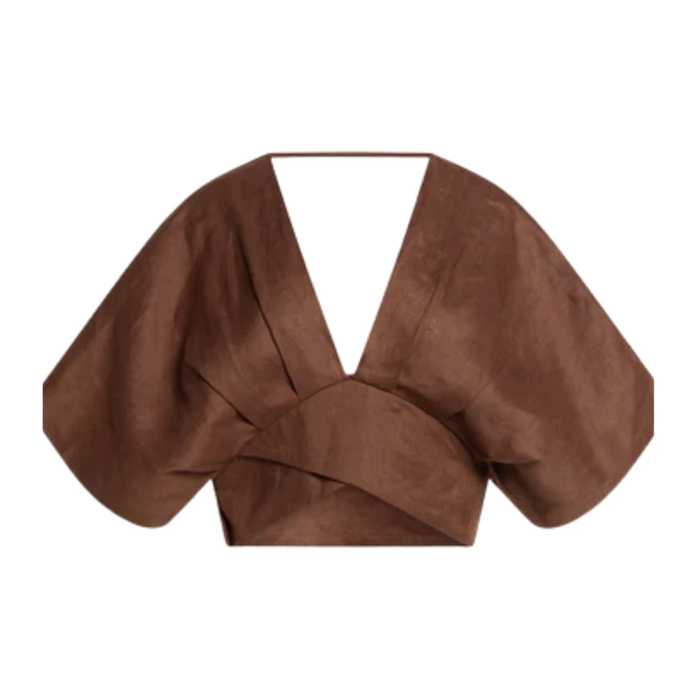Weili Zheng Blouses, Female, M, Crop Top With Petal Sleeves Brown