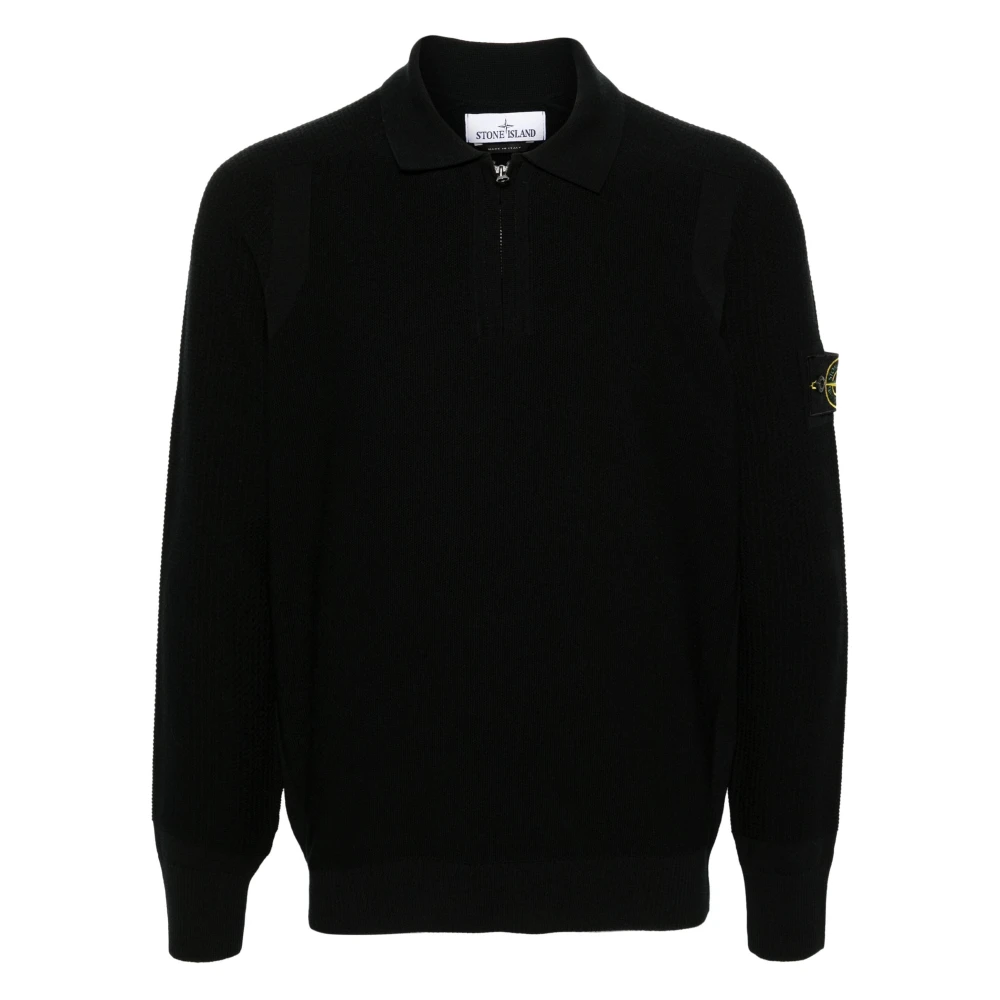 Stone Island Zwarte Wol Polo Rits Trui Black Heren