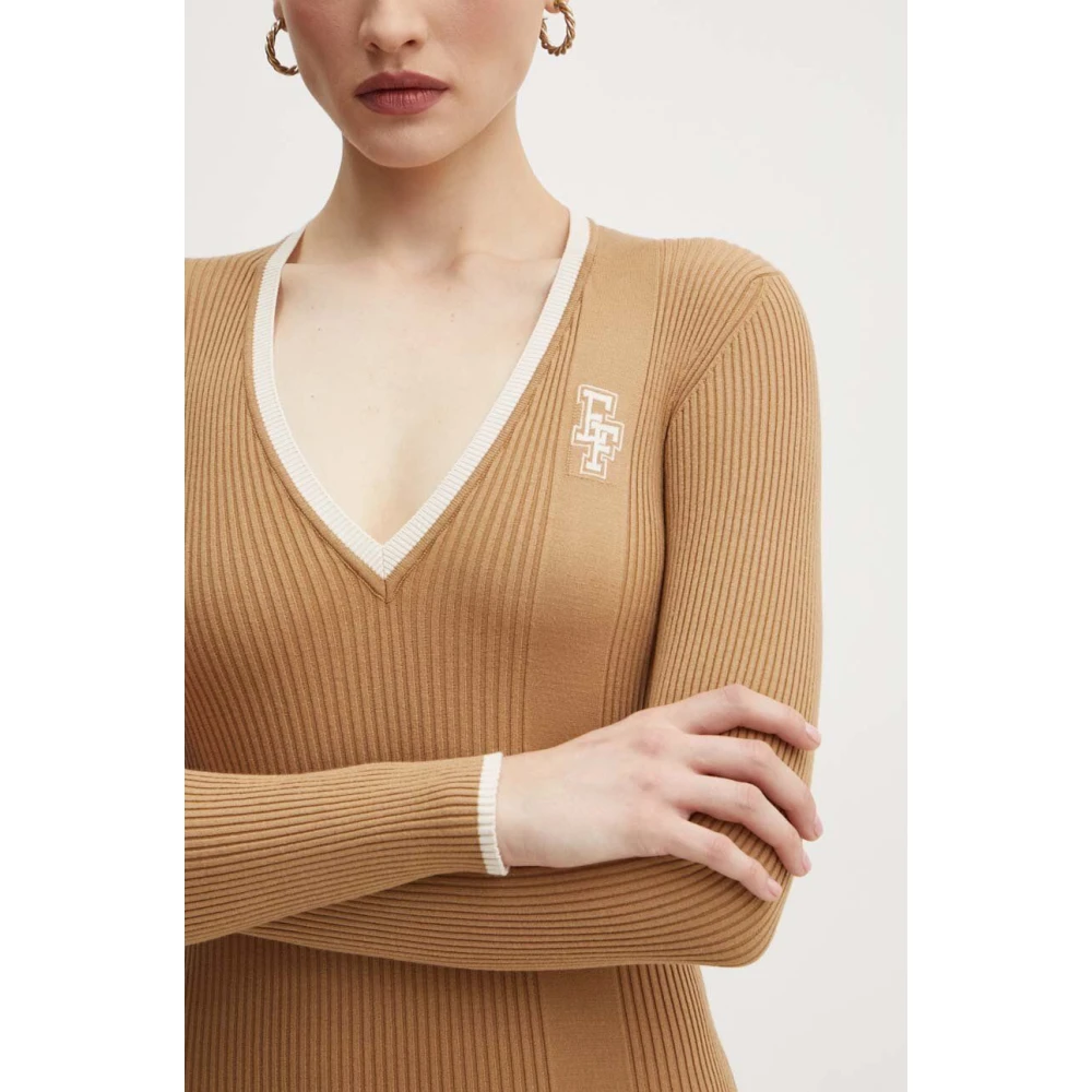 Elisabetta Franchi Geribbelde V-hals Midi Jurk Brown Dames