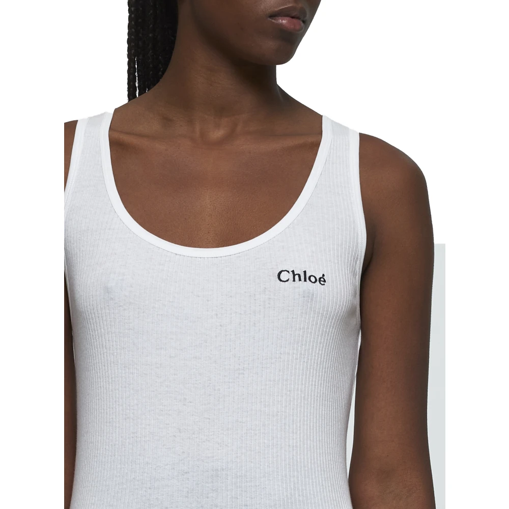 Chloé Geborduurd Logo Geribbelde Gebreide Tanktop White Dames