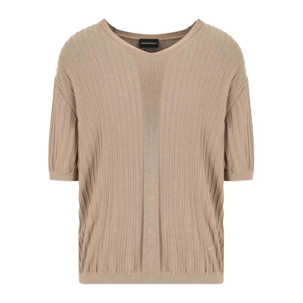 Emporio Armani Geribbelde V-hals trui met geborduurde adelaar Beige Heren