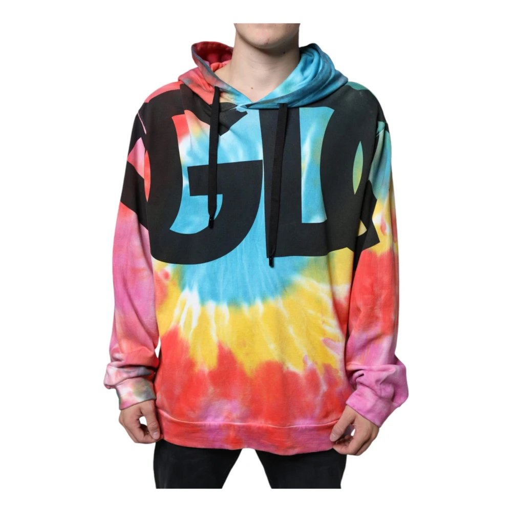Dolce & Gabbana Men's Multicolor Hoodies, L, Tie Dye Hooded Cotton Sweatshirt Logo