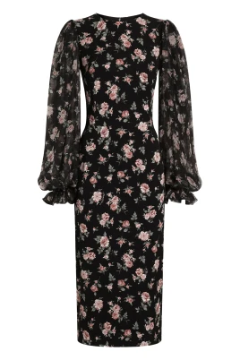 Vintage Roses-Print Charmeuse Dress