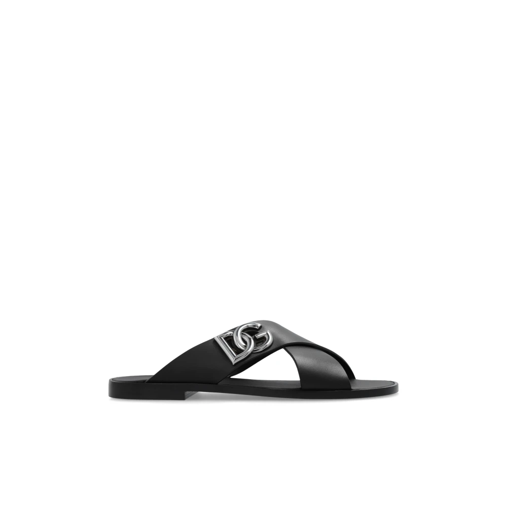 Dolce & Gabbana Men's Black Sliders, 6 Uk, Logo Calfskin Slides