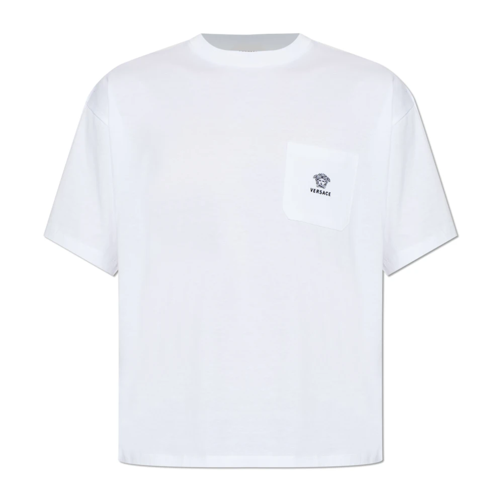 Versace Herr Vit Toppar L, Bomull, Broderad T-Shirt I Bomullsjersey