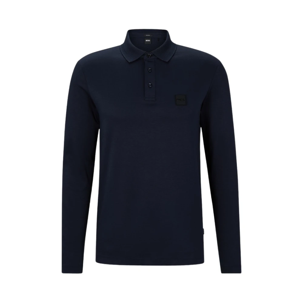 Hugo Boss Lange Mouw Katoenen Polo met Logo Patch Blue Heren