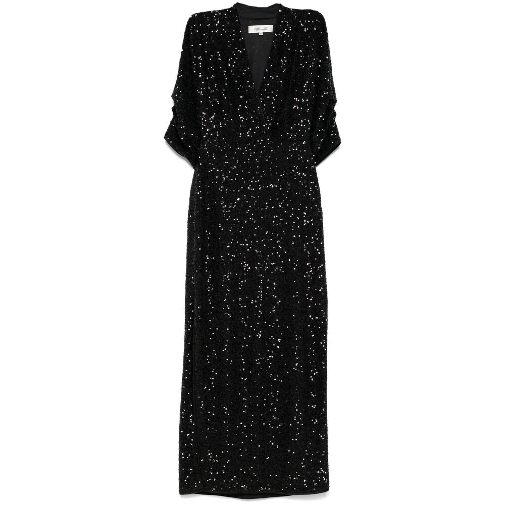 Diane Von Furstenberg Zwart Paillet V-Hals Maxi Jurk Black Dames