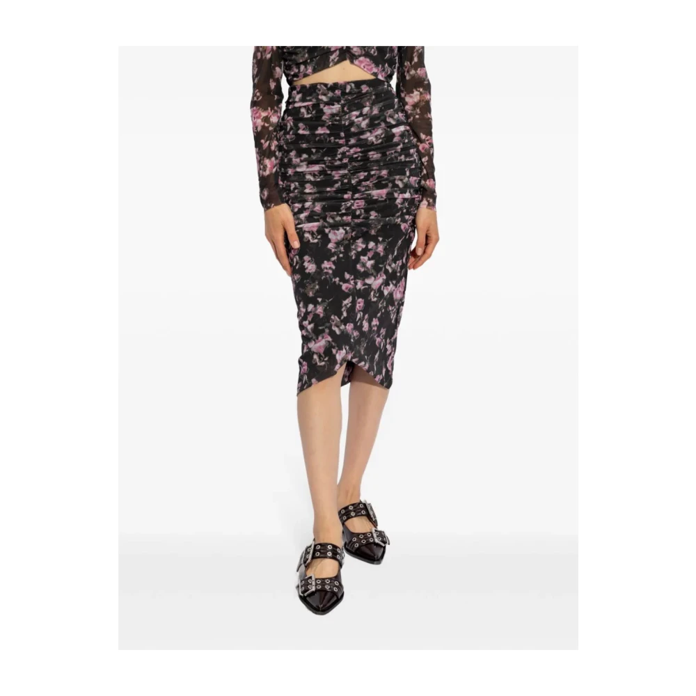 Ganni Bloemen Ruffle Midi Rok Black Dames