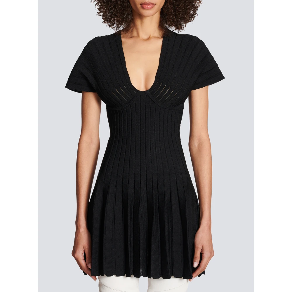 Balmain Korte Geplooide Gebreide Jurk Black Dames