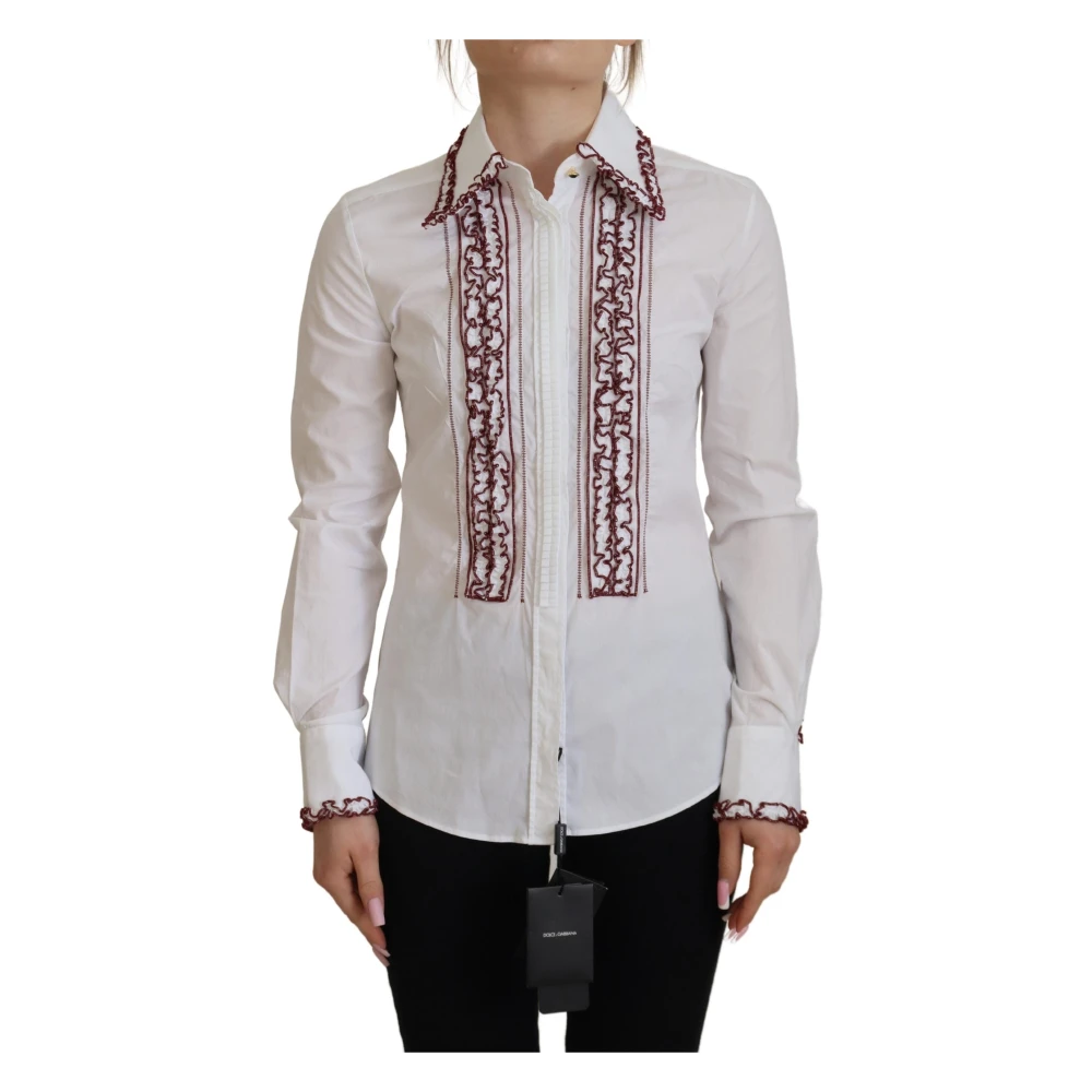 Dolce & Gabbana Women's White Lace Long Sleeve Ruffle Collar Top - Shirts - Xs - Blouses & Shirts