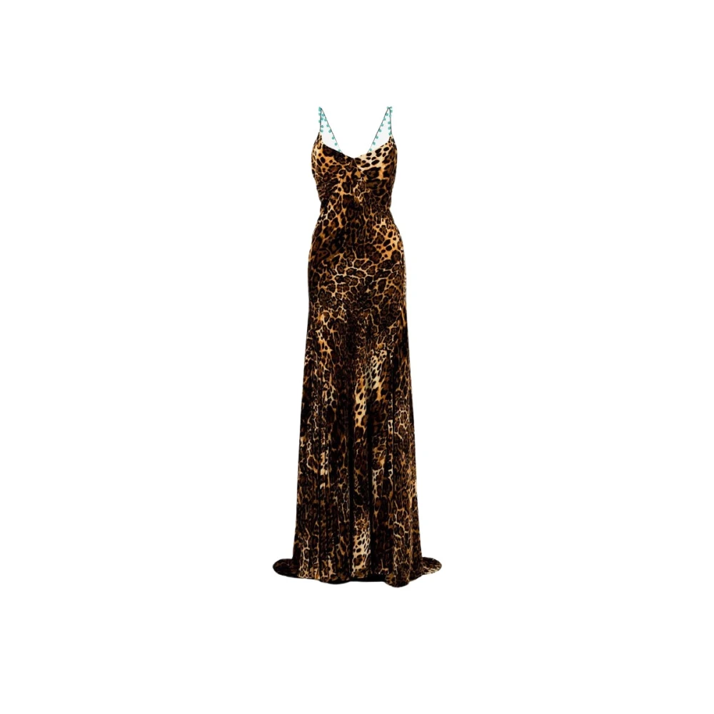 Roberto Cavalli Luipaardprint Slipjurk met Gedrapeerd Sleep Brown Dames