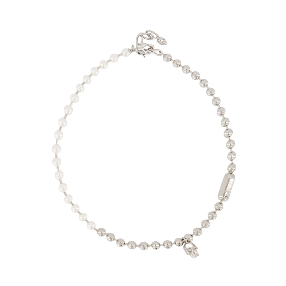 Alexander Mcqueen Men's Gray Necklaces, One Size, Skull & Pearl Necklace