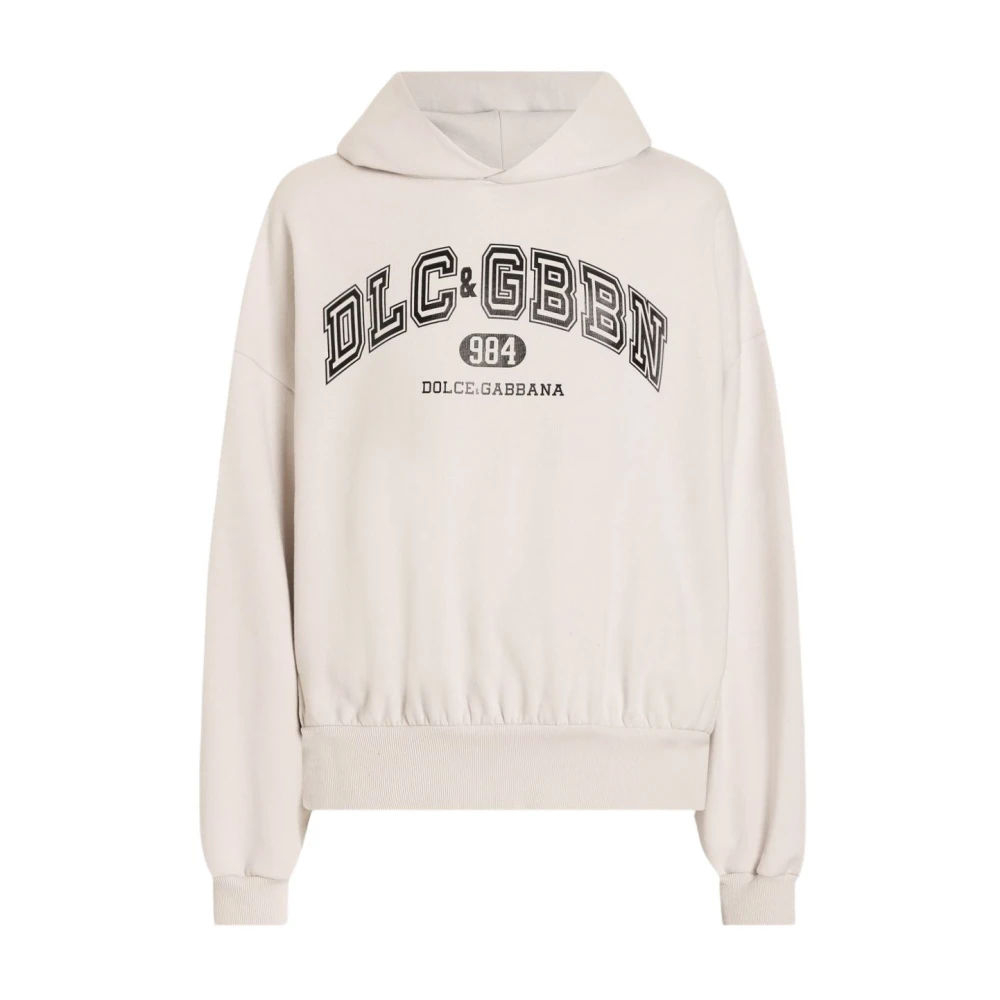Dolce & Gabbana Men's Beige Hoodies, S, Graphic Print Hooded Jumper