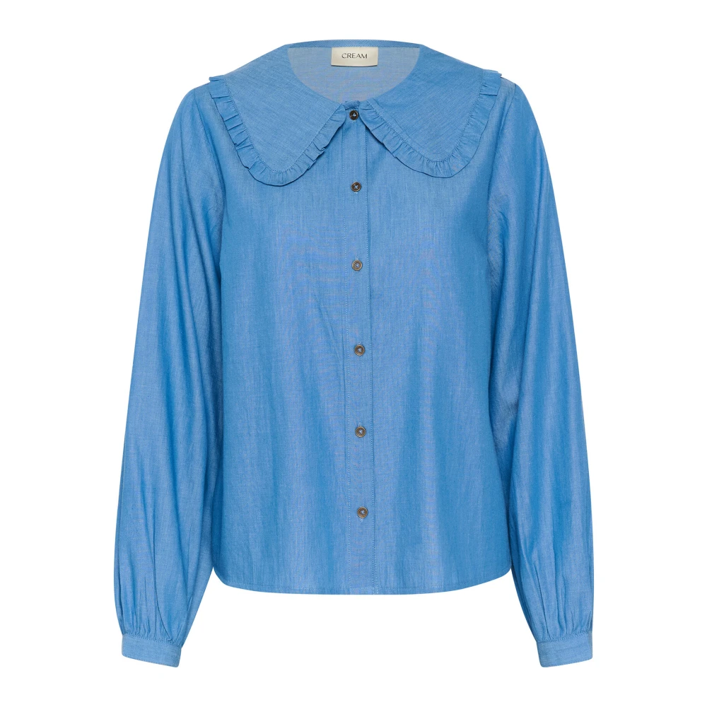 Cream Blauwe Denim Vrouwelijke Blouse met Ruchekraag Blue Dames