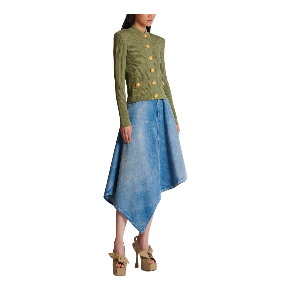 Balmain Gingham Openwork Knit Cardigan Green Dames