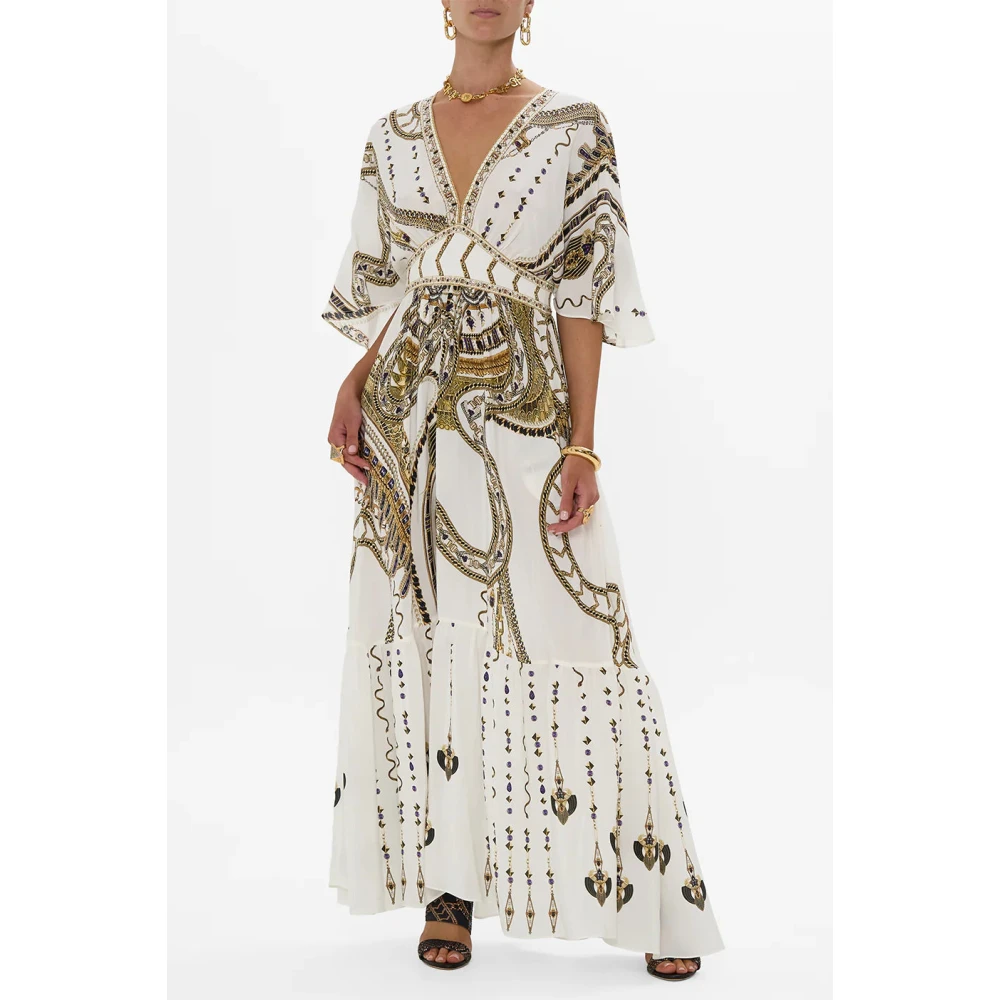 Camilla Zijden jurk met zoom ruche White Dames