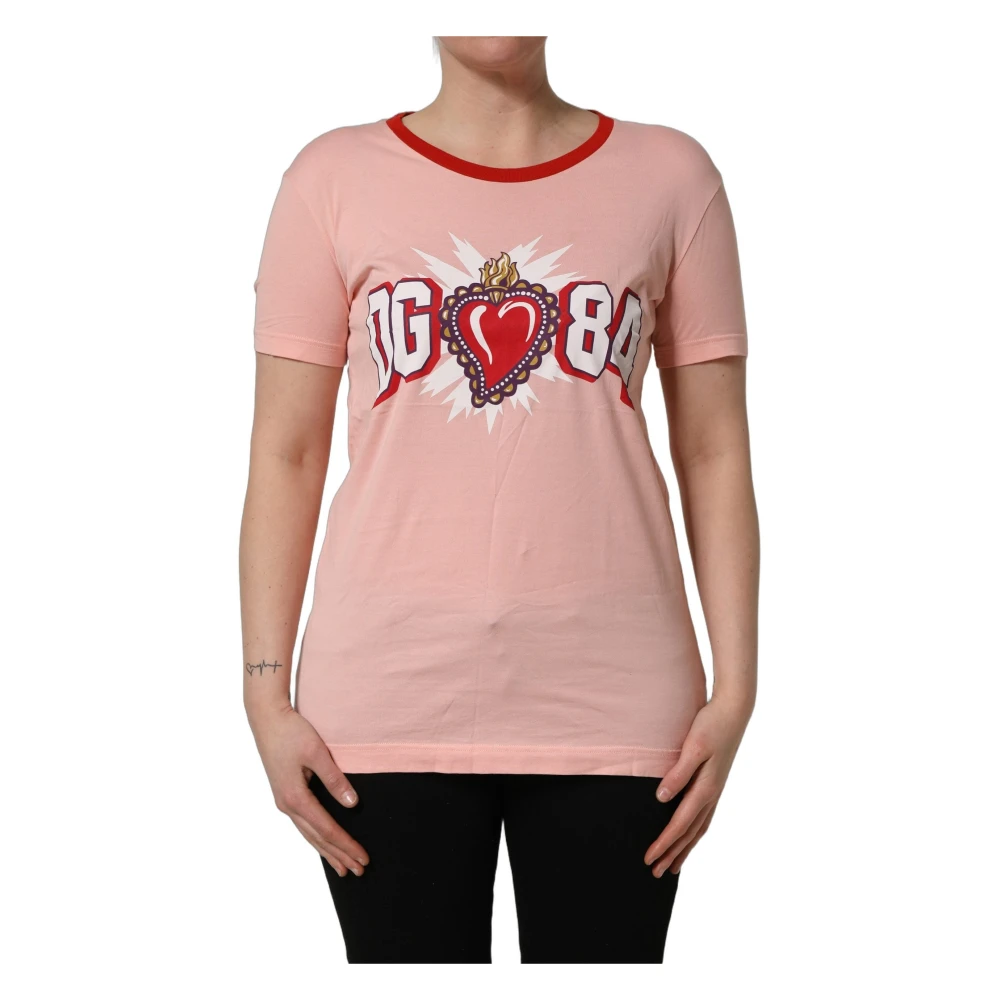 Dolce & Gabbana Women's Pink T-Shirts, Xs, Graphic Print Cotton Crew Neck T-Shirt