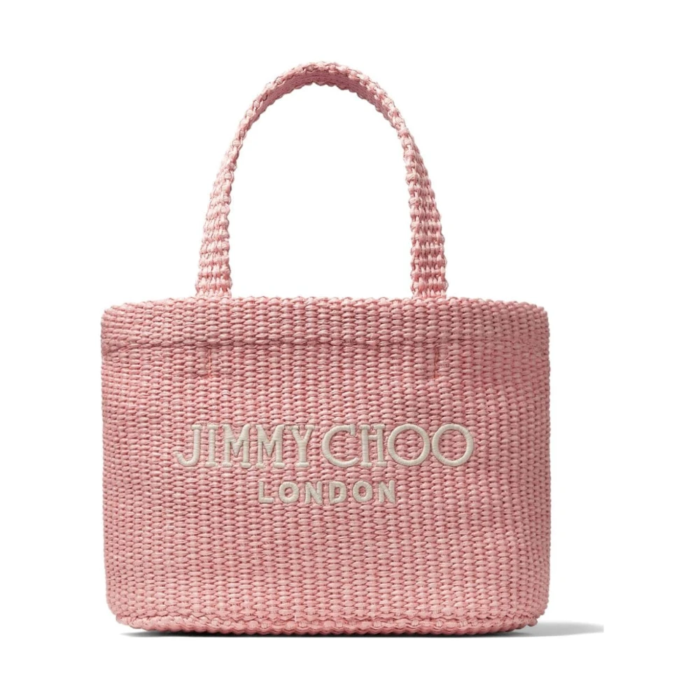 Jimmy Choo Roze Raffia Gevlochten Handtas met Logo Pink Dames