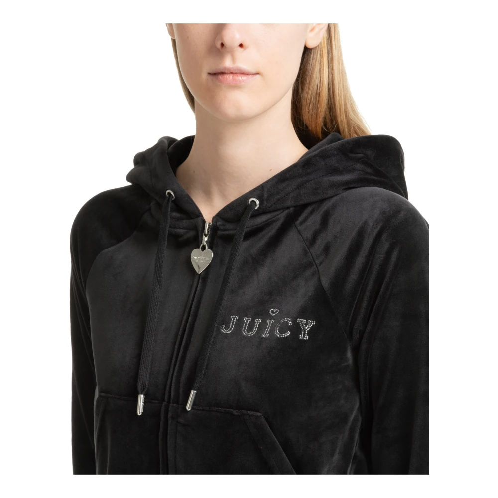 Juicy Couture Trekkoord Rits Effen Logo Hoodie Black Dames