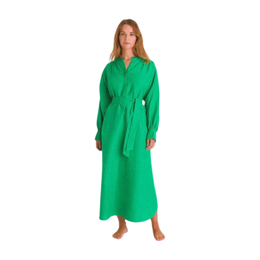 Eres Elegante Linnen Lange Jurk Green Dames