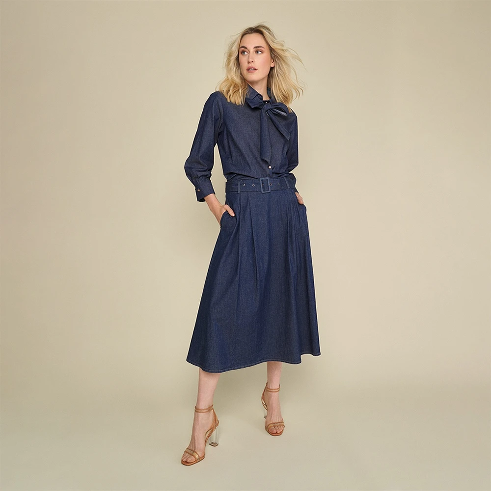 Marie Méro Jeans Geplooide Taille Kuitlengte Rok Blue Dames