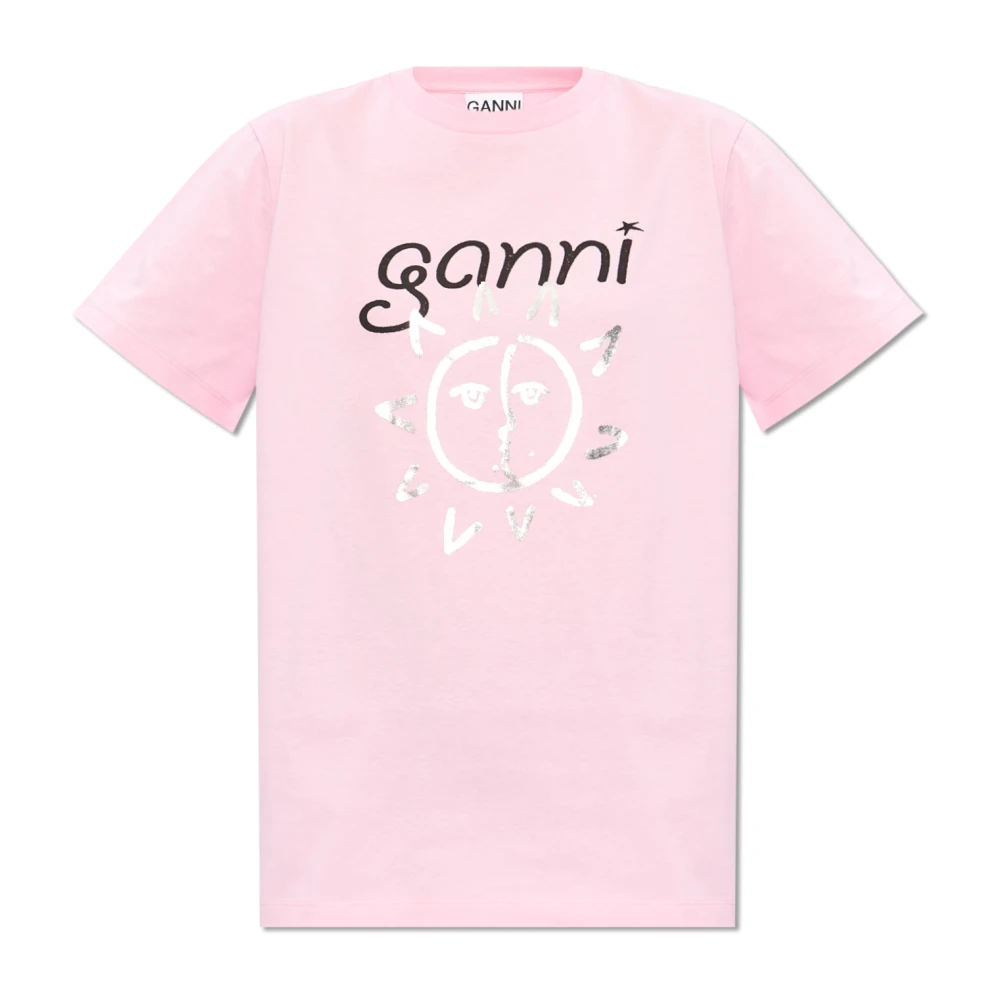 Ganni Contrasterend Print Katoenen T-shirt Pink Dames