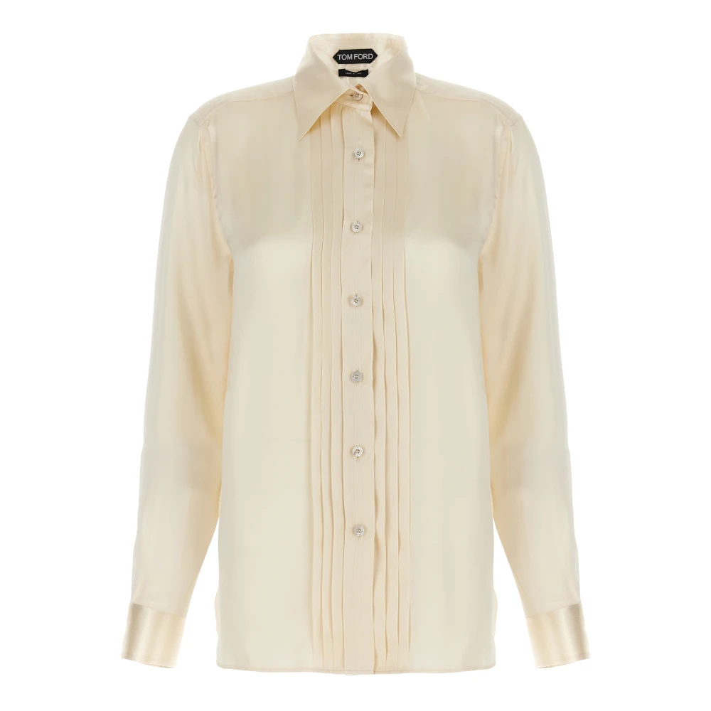 Tom Ford Women's White Fluid Charmeuse Silk Shirt With Plisse Plastron