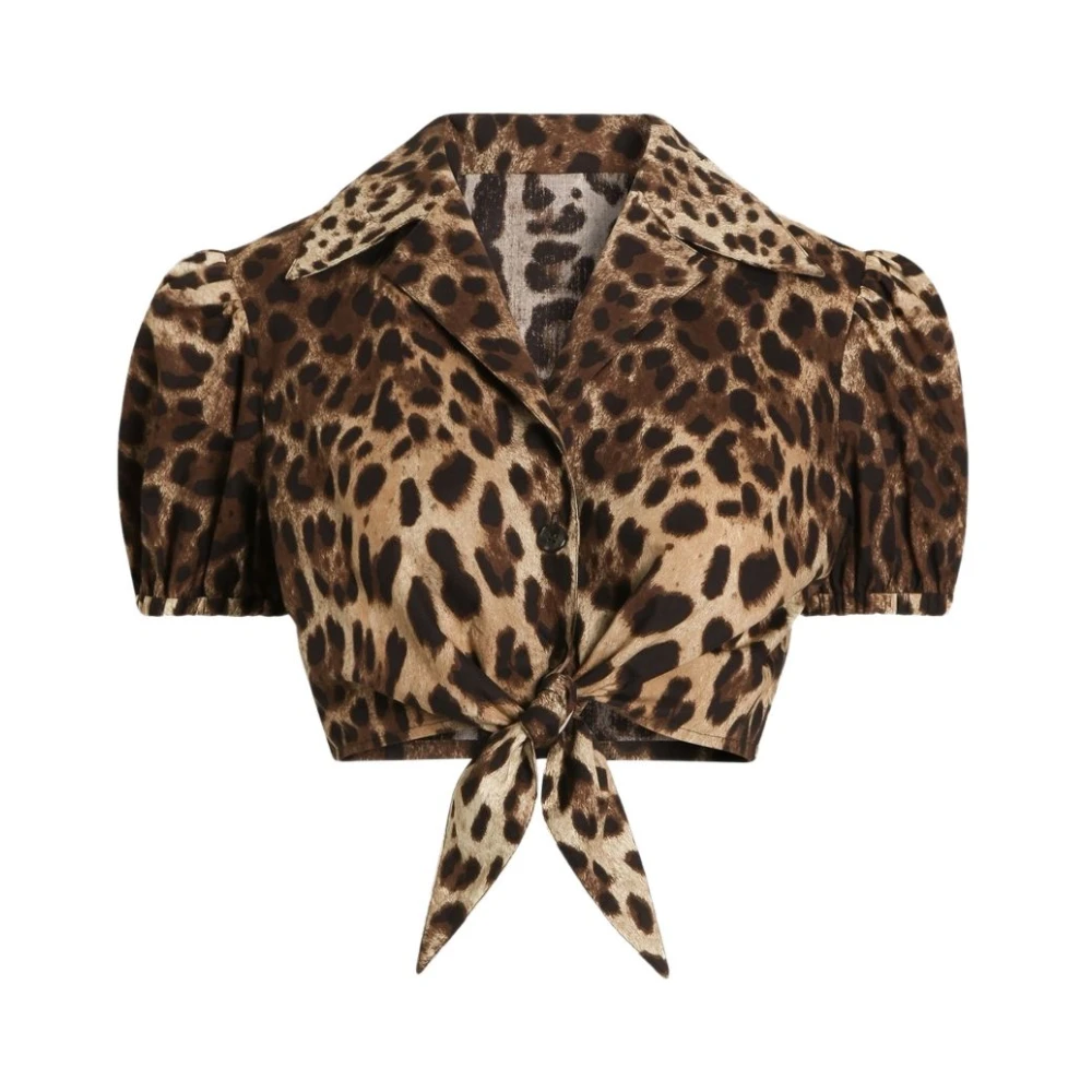 Dolce & Gabbana Vrouw Bruin Overhemden Dames, M, Katoen, Leo-Print Poplin Shirt