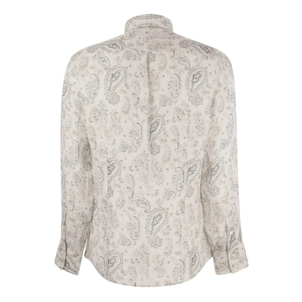 BRUNELLO CUCINELLI Slim Fit Linnen Overhemd met Paisley Decoraties White Heren