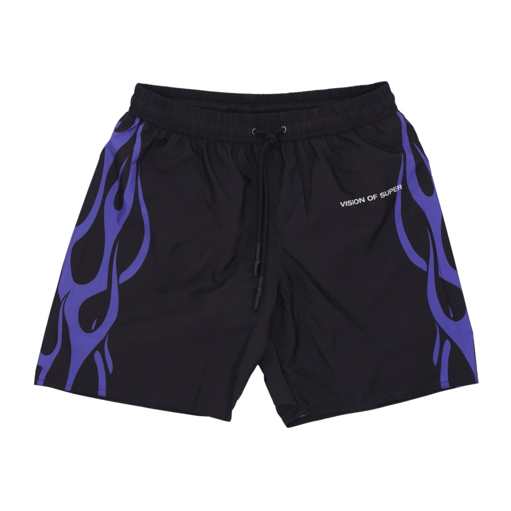 Vision Of Super Men's Black Beachwear, L, Flame Swim Shorts /Purple