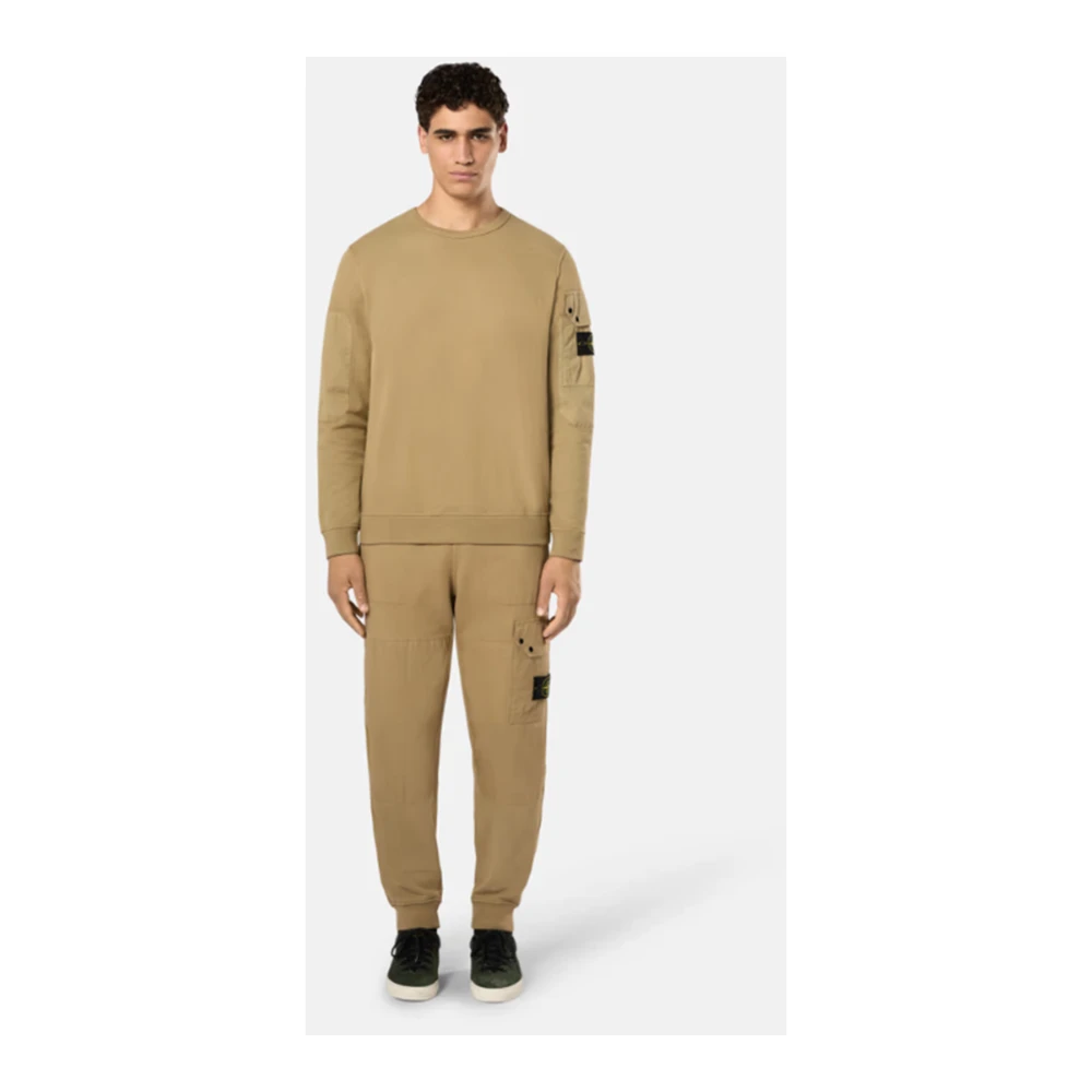 Stone Island Geborsteld katoenen fleece trui met zakken Beige Heren