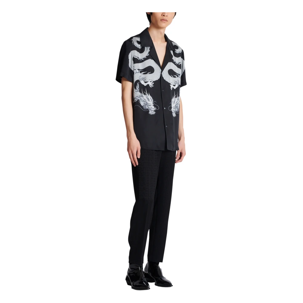 Balmain Korte satijnen overhemd met drakenprint Black Heren