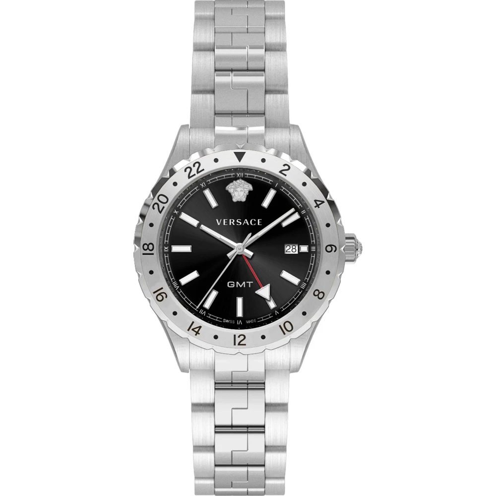 Versace Men's Gray Watches, One Size, Hellenyium Gmt Silver/Black Watch