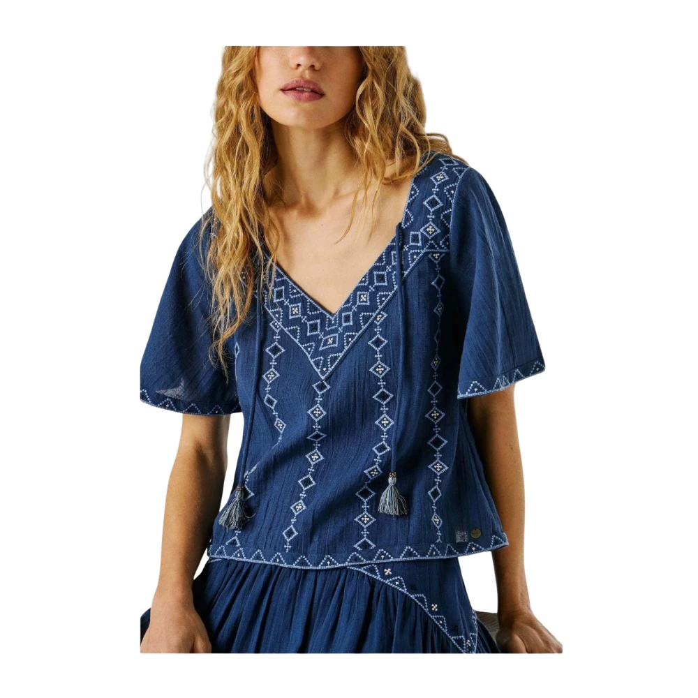 Pepe Jeans Women's Blue Blouses, L, Geometric Embroidered Blouse