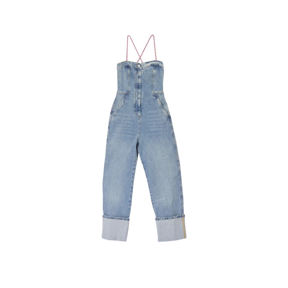 Moschino Denim Cargo Jumpsuit met Roze Trekkoorden Blue Dames