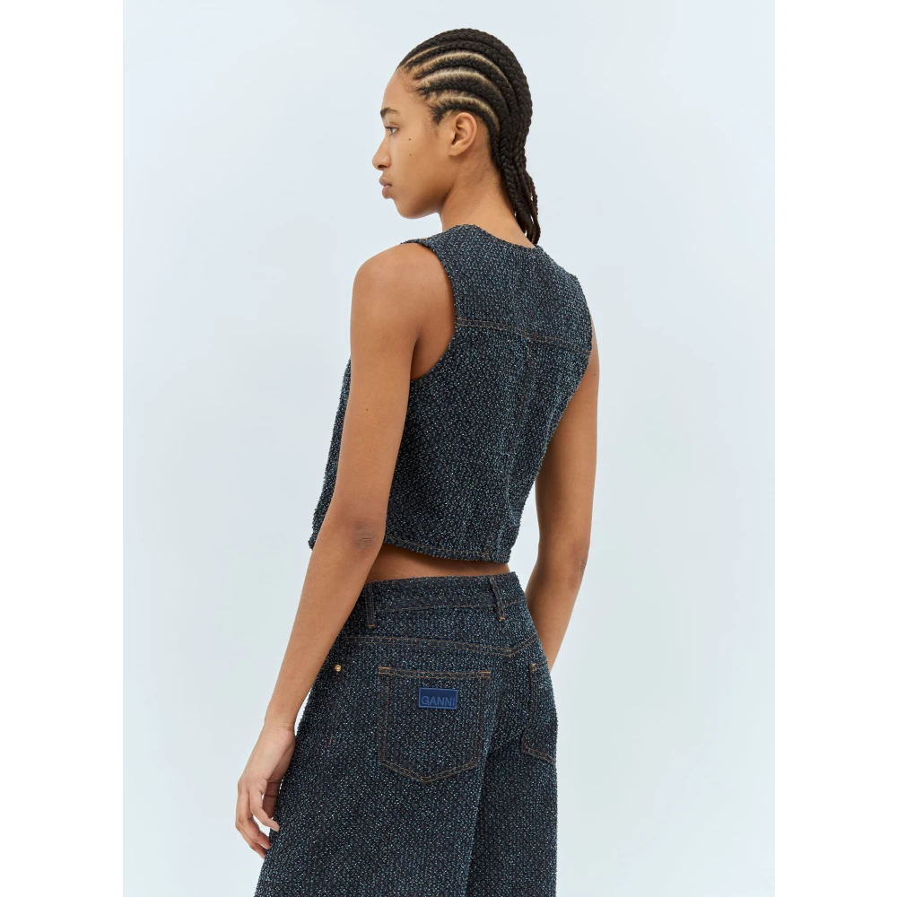 Ganni Fluffy Denim Vest met Goudkleurige Knopen Blue Dames