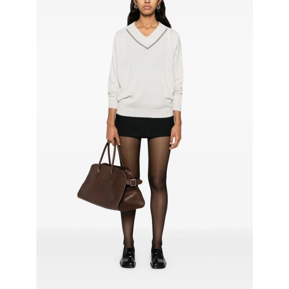 BRUNELLO CUCINELLI Kasjmier V-hals trui met Monili ketting Gray Dames