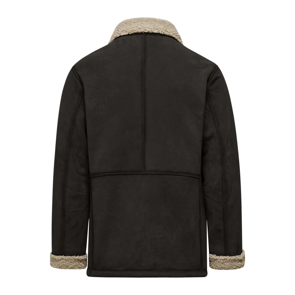 BomBoogie Sherpa-effect Leren Jas met Knopen Brown Heren