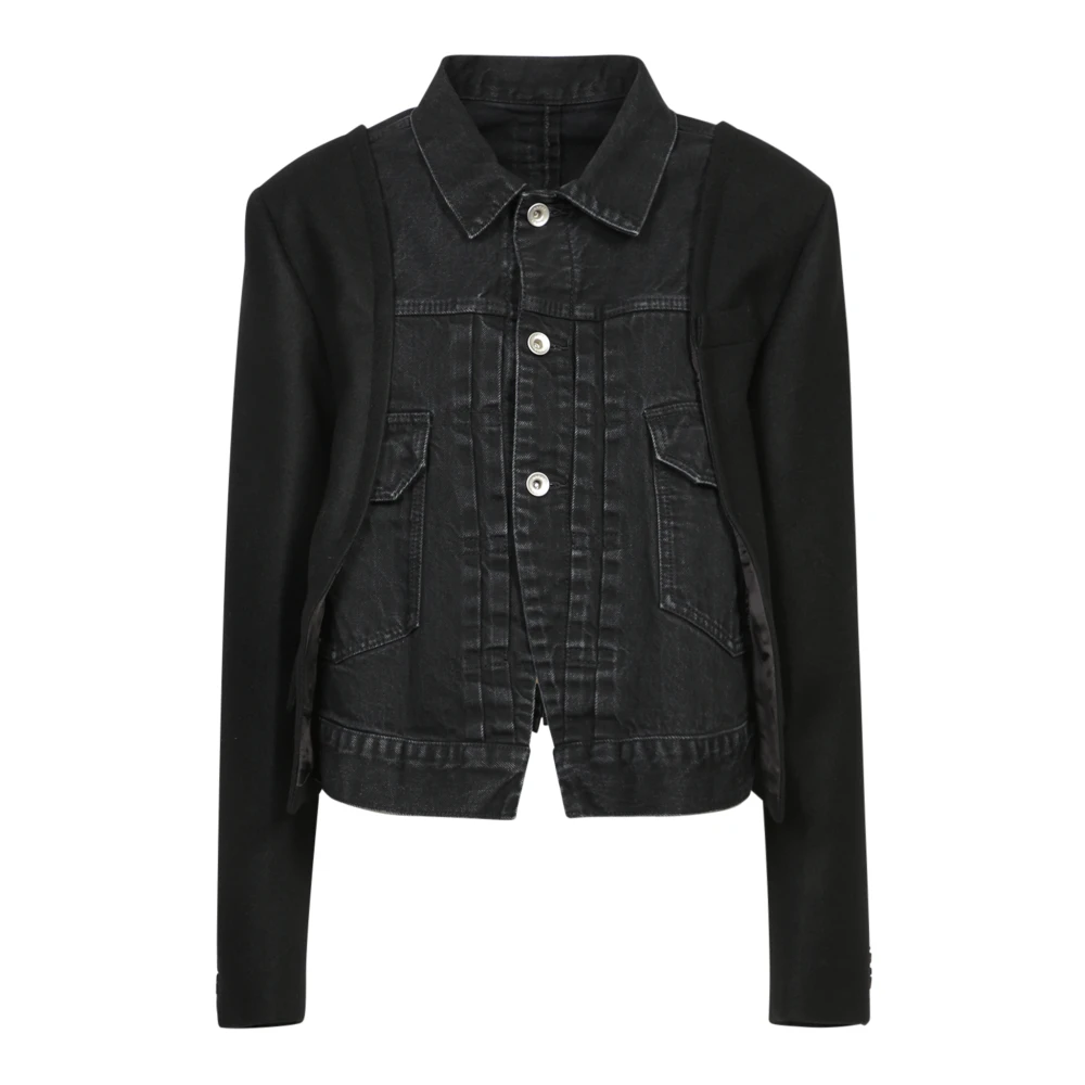 Sacai Zwarte Denim Wol Jas Black Dames